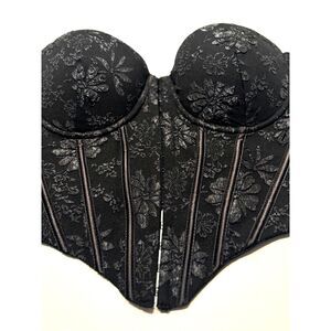 Windsor Black Floral Jacquard Corset Bustier Top L Strapless Boned Underwire